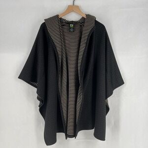 Pure Essence‎ Poncho Quilted Jacket Womens M/L Black Striped Hooded Open Front